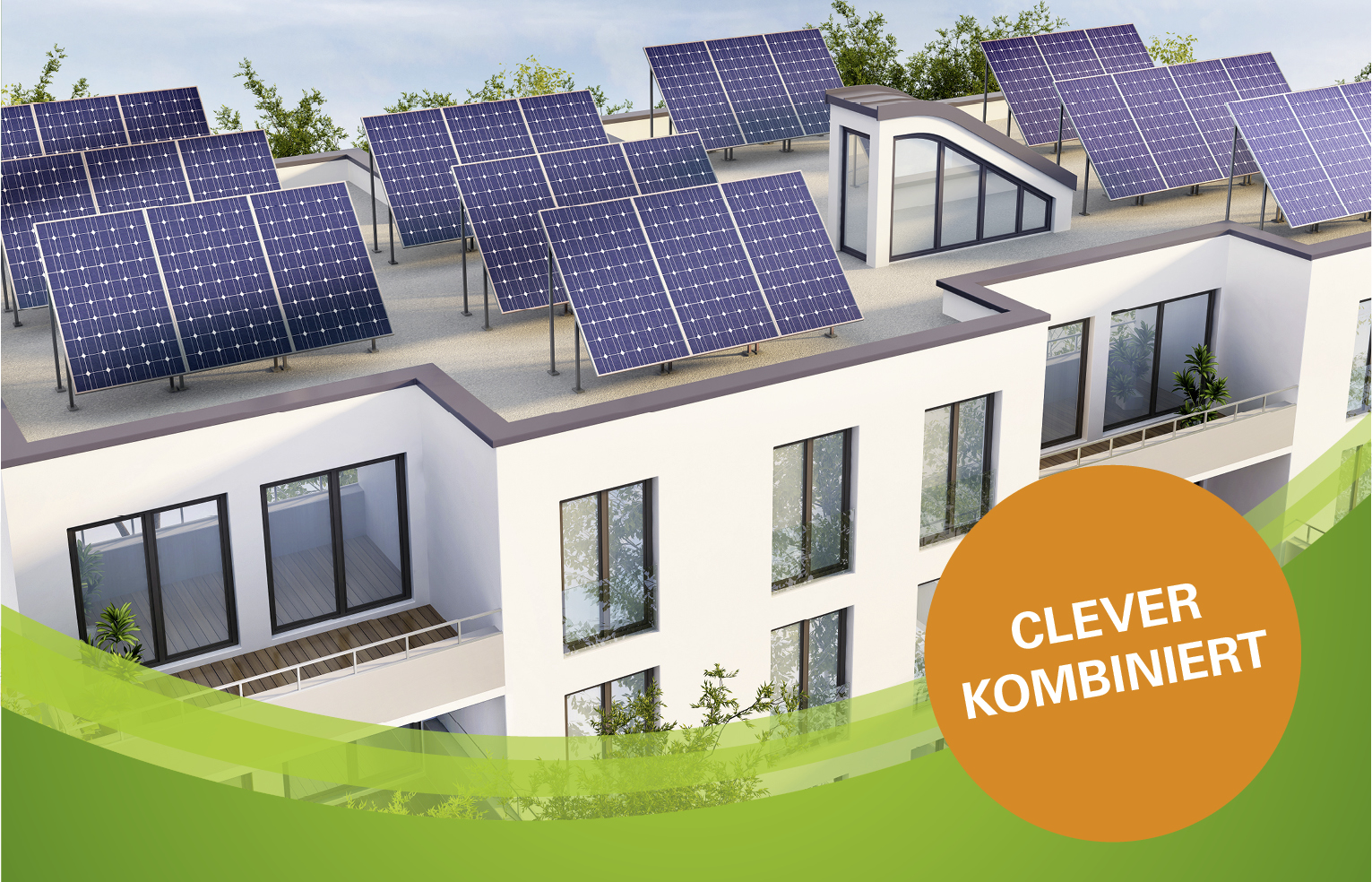 Bild mit einer modernen Häuserreihe und Solarstromanlagen auf den Dächern