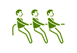 Bild mit weißem Hintergrund und einem Icon mit drei Personen die Tauziehen in grün